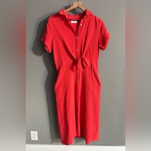 Untuckit‎ Button Down Gauze Maren Shirt Dress with Front Tie. Coral Red Color